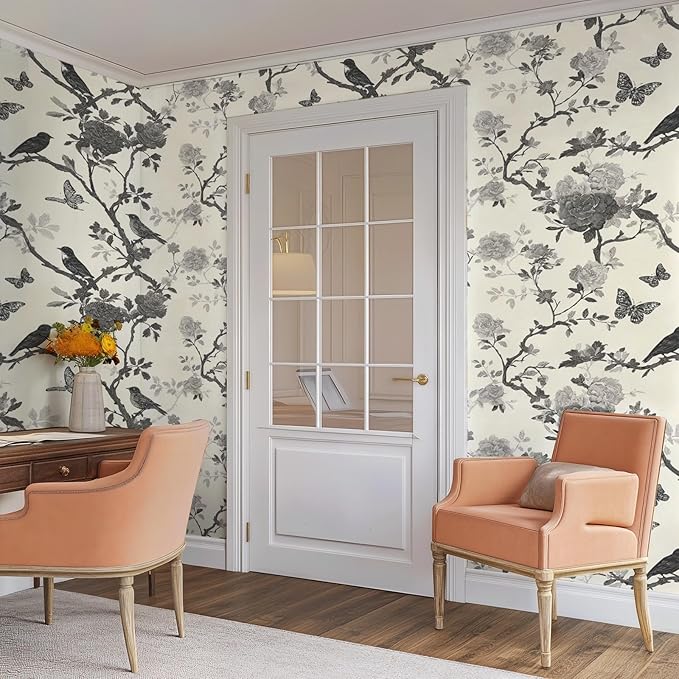 Vintage Peel and Stick Floral Bird Contact Paper Butterfly Removable Botanical Leaf Tree Wallpaper 17.7" x 118.11" Wall Paper Sketch Self Adhesive for Classroom Bedroom Laundry Room Bathroom