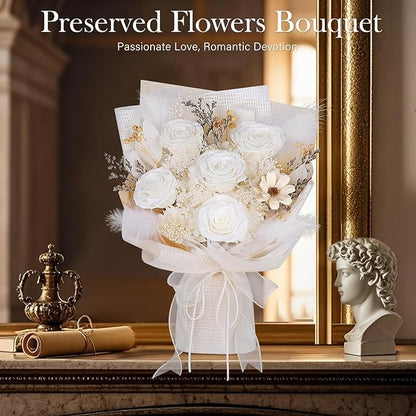 Preserved Bouquet of Flowers - 5 Roses & Flowers for Delivery, Real White Forever Flower, Eternal Roses Bouquet for Mothers, Mom, Wife Anniversary Birthday Gifts for Women
