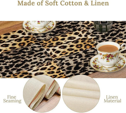 Animal Skin Print Table Runner, Vintage Leopard Farmhouse Cottage Country Western Wildlife Safari Dinner Runner for Home Kitchen Dining Table Party Holiday 13x36in