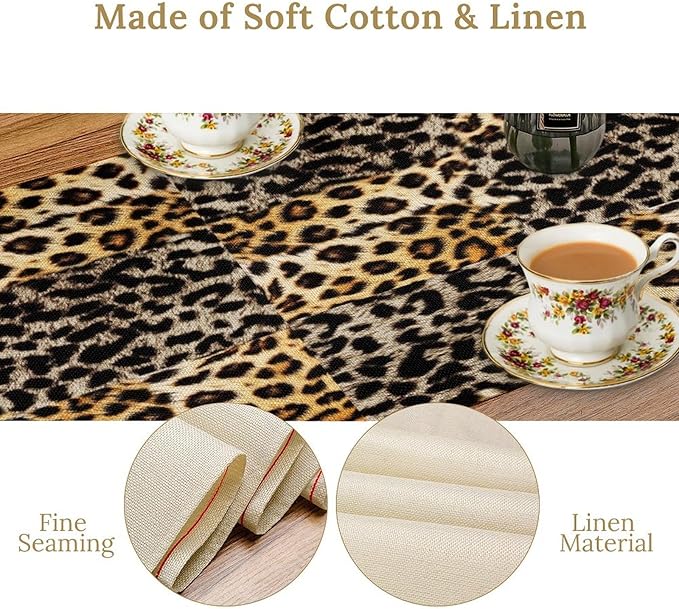 Animal Skin Print Table Runner, Vintage Leopard Farmhouse Cottage Country Western Wildlife Safari Dinner Runner for Home Kitchen Dining Table Party Holiday 13x120in