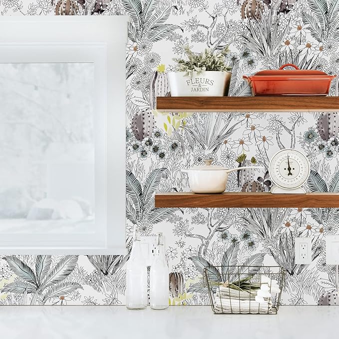 Wudnaye Gray Floral Peel and Stick Wallpaper Vintage Contact Paper 17.7 inch × 196.8 inch Self Adhesive Cactus Wall Paper Stick and Peel Flower Removable Botanical Wallpaper for Bathroom Boho