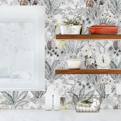 Wudnaye Gray Floral Peel and Stick Wallpaper Vintage Contact Paper 17.7 inch × 196.8 inch Self Adhesive Cactus Wall Paper Stick and Peel Flower Removable Botanical Wallpaper for Bathroom Boho