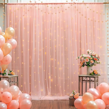 10×10ft Peach Tulle Backdrop Curtain with Lights String for Parties, Sheer Photo Curtain Backdrop Drapes for Wedding Party Photography Backgrounds