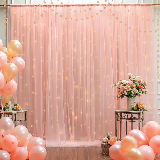 30x10ft Peach Tulle Backdrop Curtain with Lights String for Parites, Sheer Backdrop Curtains for Wedding Baby Shower Birthday Party Photo Shoot Decorations