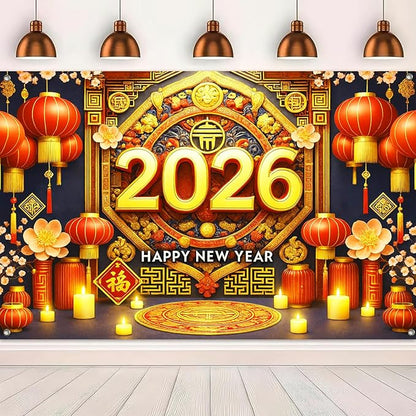 Chinese New Year Banner 71x43 Inch Spring Festival Wall Decoration 2026 Lunar New Year Background with Red Lanterns Gold Fu Character Oriental Pattern for Party Photo Booth Indoor Display