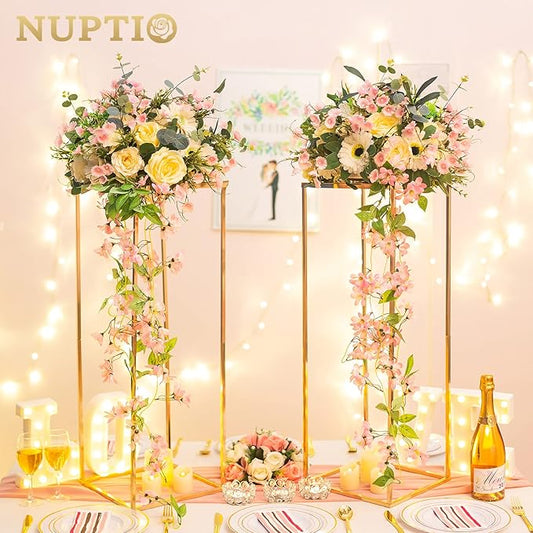 Nuptio Gold Vases for Centerpieces Wedding - 2 Pcs 31.5 inch Tall Metal Flower Vase Flowers Stand for Party Tables Decorations - Elegant Bulk Weddings Decoration Table Geometric Centerpiece Stand