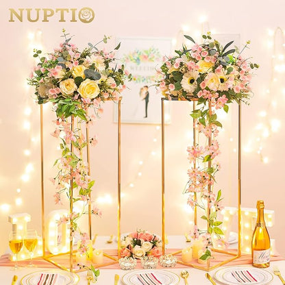 NUPTIO Metal Gold Vase Set for Wedding - 10 Pcs 31.5 inch Tall Cylinder & Square Vases for Centerpieces - Elegant Flower Stand for Party Tables Decorations