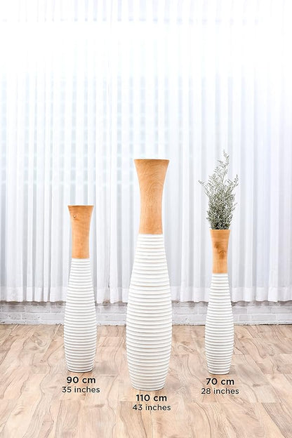 Leewadee Large Floor Vase – Handmade Flower Holder Made of Wood, Sophisticated Vessel for Decorative Branches and Dried Flowers, 36 inches, Ecru White