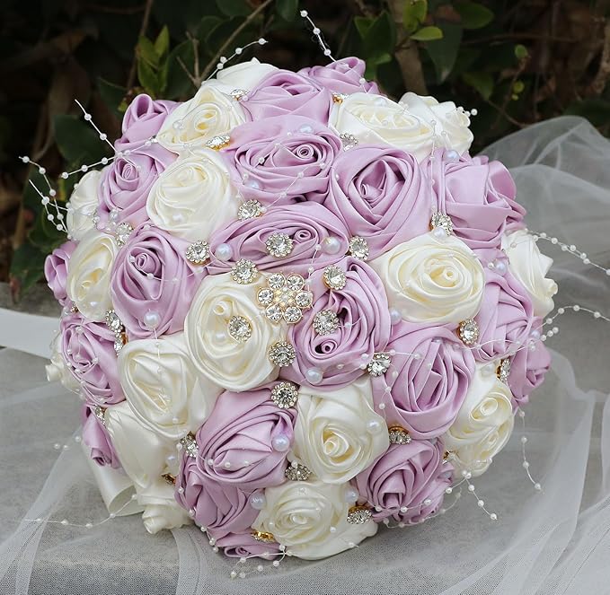 Bridal Wedding Bouquet Round Bling Brooch Bouquet Throw Toss Artificial Rose Flower Bunch for Bride Bridesmaid Wedding Quinceanera(Light Taro Purple & Ivory, 8.7")