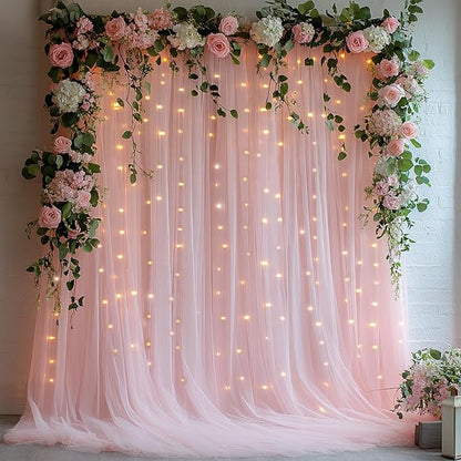 Tulle Curtain Backdrop with 300 LED Fairy Lights for Parites Wrinkle-Free Sheer Curtain Drapes Photo Back Drop for Wedding Baby Shower Bridal Shower Birthday Dance Home Décor - 10ft×10ft, Pink