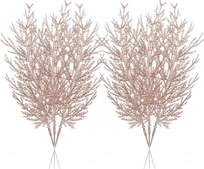 Christmas Glitter Twig 24pcs Artificial Pine Tree Picks for Christmas Tree Ornaments fillers, DIY Xmas Wreath, Crafts, Garland, Holiday, Party, Wedding and Home Decoration (Rose Gold)
