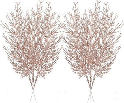 Christmas Glitter Twig 24pcs Artificial Pine Tree Picks for Christmas Tree Ornaments fillers, DIY Xmas Wreath, Crafts, Garland, Holiday, Party, Wedding and Home Decoration (Rose Gold)