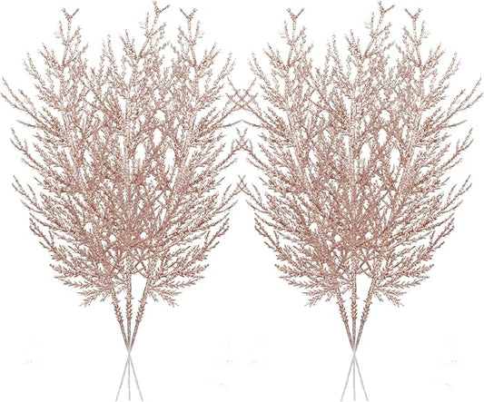 Christmas Glitter Twig 24pcs Artificial Pine Tree Picks for Christmas Tree Ornaments fillers, DIY Xmas Wreath, Crafts, Garland, Holiday, Party, Wedding and Home Decoration (Rose Gold)
