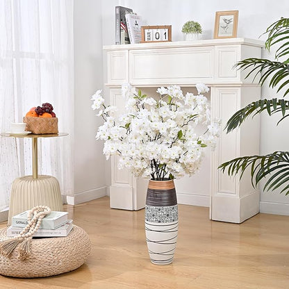 Sunm Boutique White Cherry Blossom Flowers, Artificial Cherry Blossom Decor Faux Cherry Blossom Branches Vase Arrangements for Wedding Home Party Kitchen Decor, Set of 3