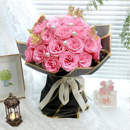 Glitter Roses Bouquet Graduation Gifts, Shiny Artificial Roses Flowers with Stems DIY Fake Glitter Flowers Bouquet for Anniversary Graduation Birthday Wedding, 24 Roses (Pink)