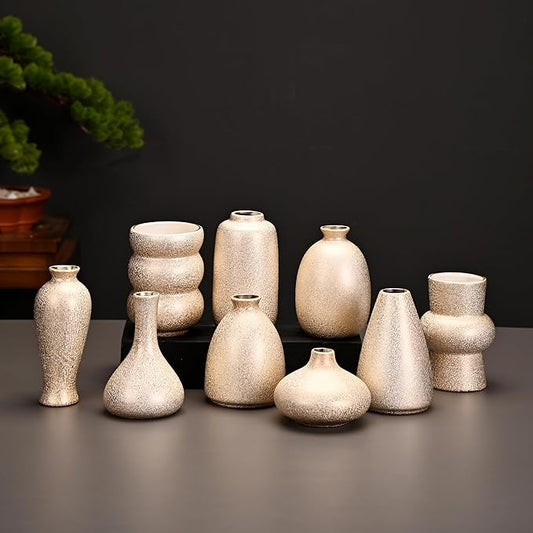 Set of 9 Ceramic Bud Vases for Pampas Grass Flowers, Small Vases in Bulk for Centerpieces Boho Vases for Wedding Decorations Neutral Living Room and Bedroom Decor DIY Gift (Gold)