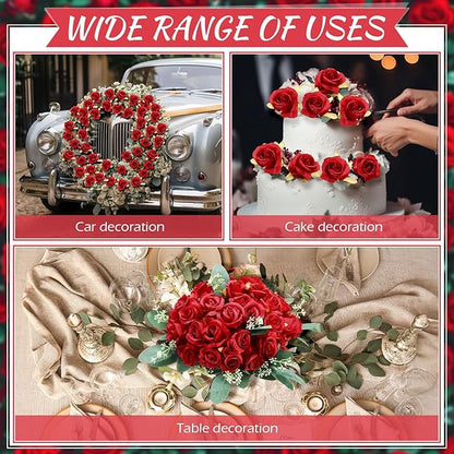 Zeyune 12 Pack Wedding Bridesmaids Bouquets 7 Inch Artificial Rose Bouquets Silk Flowers with Stems Fake Floral Bundles Bulk for Wedding Bridal Shower Party Centerpieces Home Decor(Red)
