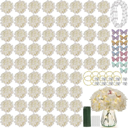 64PCS Artificial Hydrangea Flowers with Stems, Silk Hydrangea Heads with LED Decorative Lights, Crystal Strings & Butterfly Accents for Wedding Centerpieces and Home Decor(64, Champagne)