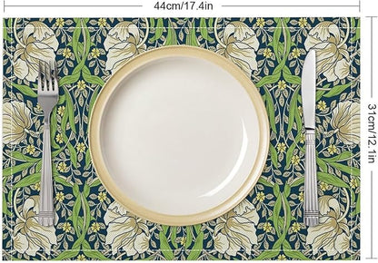 William Morris Placemats Farmhouse Sage Vintage Floral Art Printed Dining Table Mats Set of 4 for Home Kitchen Holiday Picnic Party Decoration 12x18in