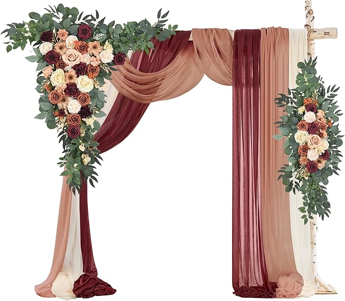 Wedding Arch Flowers Kit Pack of 5, 2pcs Large Artificial Terracotta & Burgundy Floral Swag and 3pcs Draping Fabric for Wedding Ceremony Arbor Reception Backdrop Decoration