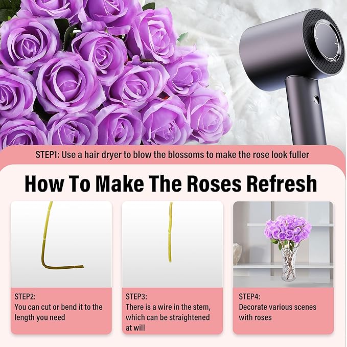 50PCS Artificial Roses with Long Stems - Realistic Silk Flowers, Fake Roses Real Touch Bouquet of Roses for Home Decor, Bridal Wedding Party Table Centerpieces, Bulk Faux Rose Flowers ( Purple )
