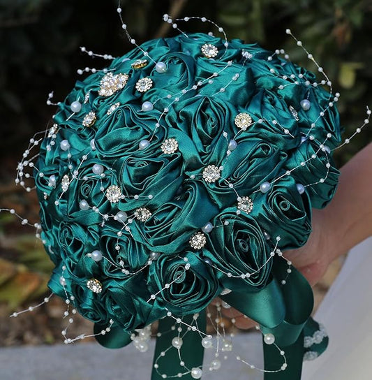 Bridal Wedding Bouquet Round Bling Brooch Bouquet Throw Toss Artificial Rose Flower Bunch for Bride Bridesmaid Wedding Quinceanera(Dark Green, 8.7")