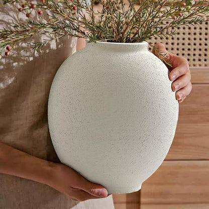Large White Ceramic Vase, 9.8 inch Round Minimalist Textured Vase, Rustic Farmhouse Decor for Home, Living Room, Shelf, Table, Wedding & Entryway Decoration (Sandstone White)