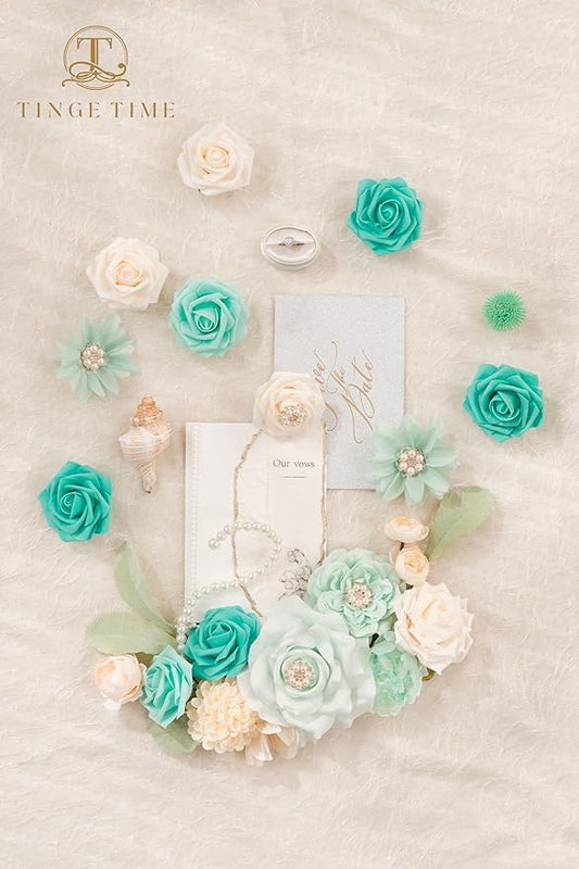 TINGE TIME Artificial Flowers Combo Mix Silk Flowers Teal Green Roses w/stem for DIY Wedding Bridal Bouquets Baby Shower Floral Arrangement Table Centerpieces Home Decorations (TealGreen&Champagne)