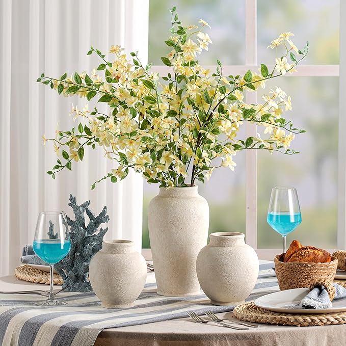 Ceramic Rustic Farmhouse Vase, 6 Inch White Small Flower Vase Decorative Vase Short Pottery Vases for Home Decor Table Living Room Entryway Mantel Bookshelf Bedroom Bathroom Kitchen - White