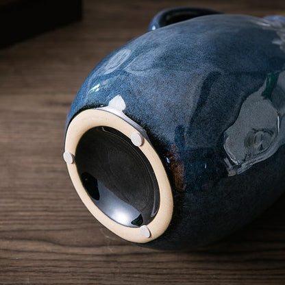 Blue Ceramic Vase with 2 Handles - Modern Farmhouse Rustic Terracotta Decorative Clay Boho Vase for Pampas Grass and Home Decor