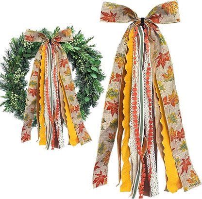 Large Fall Ribbon Bow for Wreath, Orange Maple Leaves Fabric Ribbons Set Assorted Lace Ribbon Fall Clip-On Wreath Sash Ribbons Bundle for Thanksgiving Indoor Outdoor Decor
