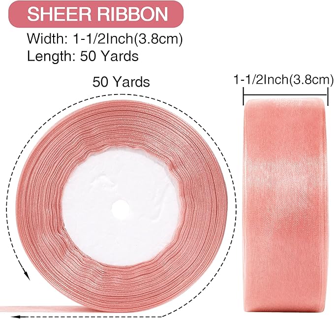 1-1/2 Inch x 50 Yards Sheer Organza Ribbon Chiffon Ribbon for Gift Wedding Flower Bouquet Wrapping Decorations Crafts (Rose Gold)