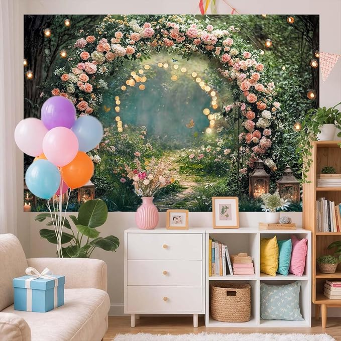 10x8ft Enchanted Forest Wedding Photography Backdrop Wonderland Roses Fairy Tale Backdrop Pink Flower Birthday Newborn Baby Shower Wedding Bridal Party Banner Photo Booth Props Anniversary Background