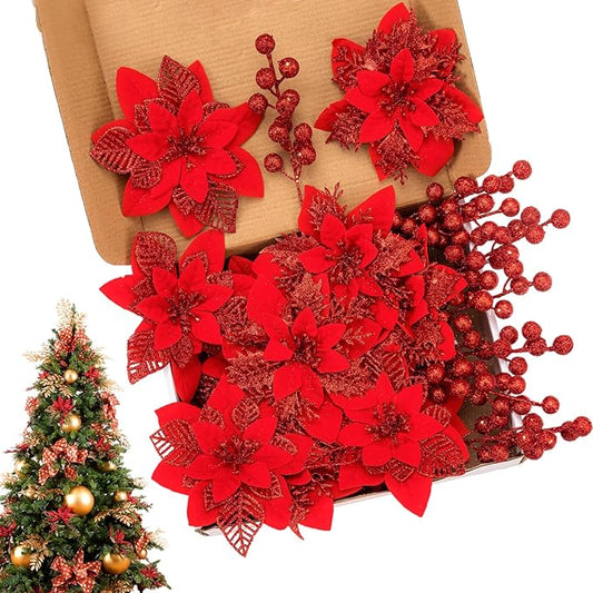 24 Pcs Red Boxed Christmas Poinsettia Flowers Set, 16 Pcs Artificial Poinsettias with Clips, 8 pcs Glitter Christmas Tree Ornaments Berry Stems for Wedding Home Holiday Xmas New Year Decorations