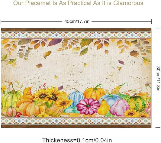 Fall Pumpkin Kitchen Placemats Vintage Rustic Farmhouse Aztec Pumpkins Maple Leaves Sunflowers Harvest Thanksgiving Placemats Table Kitchen Dining Party 12x18 Inch Set of 6