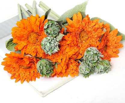 Kimura's Cabin 5Pcs Fake Sunflowers Artificial Silk Flowers Bouquet Long Stems Faux Sunflower Real Touch Chrysanthemum for Wedding Home Garden Birthday Party Indoor Decor(Orange)