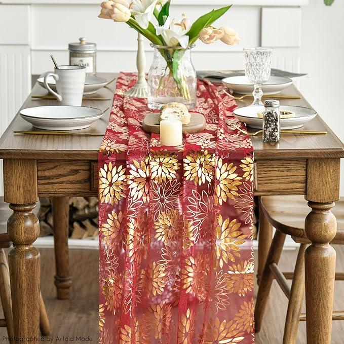 Artoid Mode 3PCS Red Gold Dahlia Flower Gauze Table Runner 120 Inch 10FT, Glitter Metallic Foil Seasonal Sheer Dining Holiday Table Decor for Home Party
