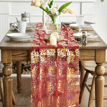 Artoid Mode 3PCS Red Gold Dahlia Flower Gauze Table Runner 120 Inch 10FT, Glitter Metallic Foil Seasonal Sheer Dining Holiday Table Decor for Home Party