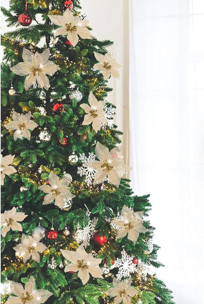 WILLBOND 24 Pcs 3 Size Poinsettia Flower Artificial Christmas Decor Glitter Poinsettia Christmas Ornaments Faux Flowers for Xmas Tree Outdoor(4/6/7.9 Inches,Gold)