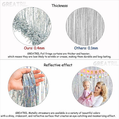 Silver Foil Fringe Tinsel Backdrop - GREATRIL Metallic Tinsel Streamers Curtains for 2026 NYE/Prom/Dancing Ball/Christmas/Bachelorette Party Decorations - Pack of 2