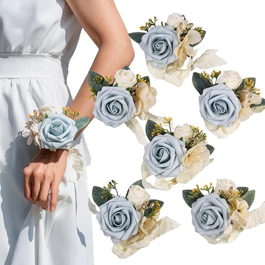 Dusty Blue Corsage for Wedding(Set of 6),Wrist Corsage,Corsage for Prom,Party Prom Hand Flower Decor,Mother of The Bride Corsage,