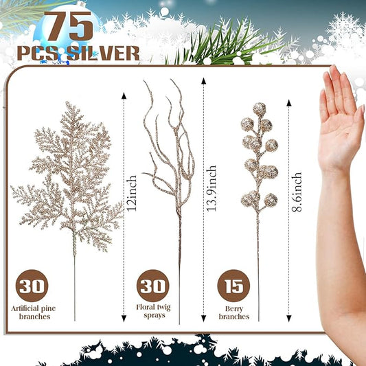 75 Pcs Christmas Glitter Branches 3 Styles Artificial Christmas Picks Berries Stems Pine Needles Floral Twig Spray for Xmas Tree Ornaments DIY Wreath Garland(Champagne Gold)