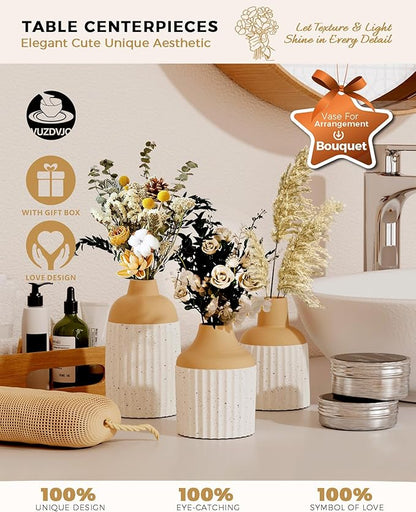 Beige Decorative Vase Set of 3 - Modern Boho Style Ribbed Ceramic Bud Vases for Flowers, Mini Small Vases for Shelf, Shelves, Bookshelf, Entryway Table & Home Decor Aesthetic (Beige White)