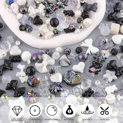 Assorted 200-260PCS Black Acrylic Beads for Bracelet Making, Flower Bow Candy GummyBear Bracelet Charms,Cute Beads for Jewelry Making DIY Necklace Keychain Phone Charm Christmas Gift