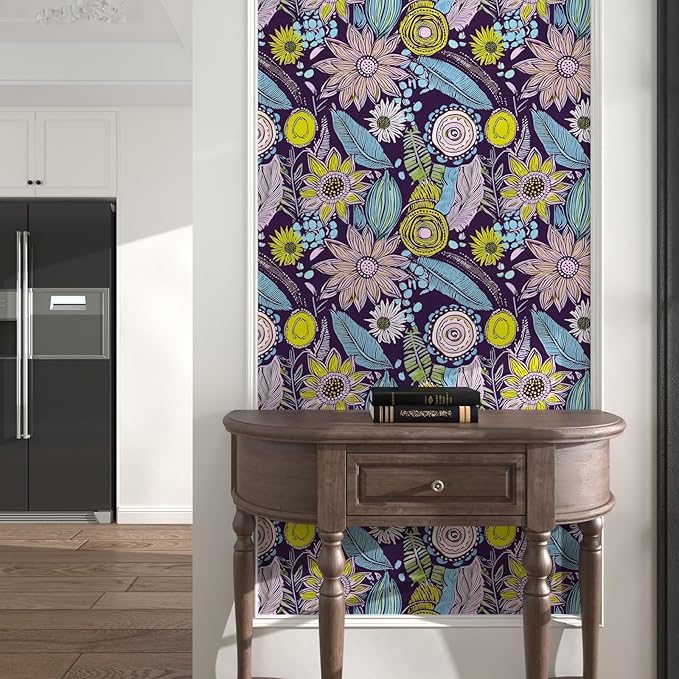 Purple Boho Wallpaper Peel and Stick,Vintage Yellow Floral Contact Paper 17.5" x 393", Botanical Flowers Retro Absract Wall Paper Self Adhesive Removable Waterproof for Walls Shelves Cabinet Table
