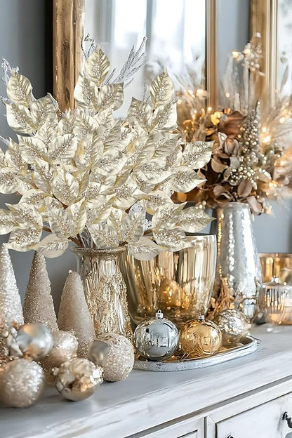 Christmas Tree Picks and Sprays 31.5" Champagne Atrificial Elm Leaves with Stems 3 Pcs Christmas Picks for Tree Champagne Vase Fillers for DIY Xmas Trees Wreath Centerpieces Wedding Bouquet Decor