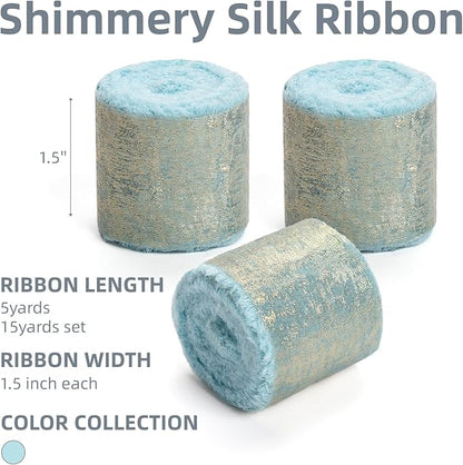 Light Blue Silk Chiffon Ribbon,Sky Blue Frayed Shimmery Silk Ribbon for Bridal Flower Bouquet Christmas Gift Wrapping Wedding Decor Invitations Decorations 1.5" x 15 Yards (5Yards X 3 Rolls)