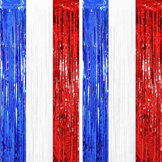2 Pack Red White and Blue Tinsel Foil Fringe Curtains, 4th of July Decorations, Metallic Tinsel Party Streamers Backdrop for Patriotic, Memorial Day, Independence Day Party Decorations