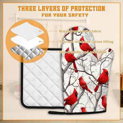 Red Cardinal Oven Mitts and Pot Holders Set,Christmas Winter Kitchen Oven Gloves and Pot Holder with Heat Resistant Non Slip for Cooking Baking Grilling(4 Piece Set)