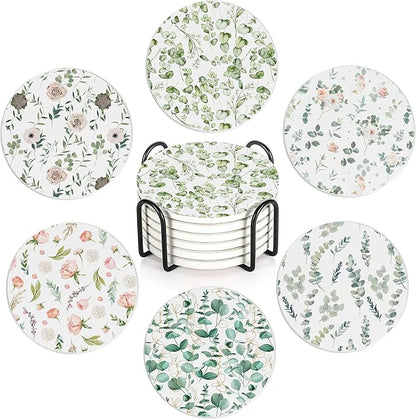 Table Coaster for Drinks Set of 6, Eucalyptus Leaf Flower Watercolor Round Ceramic Coasters,with Cork Base and Metal Holder,Great Housewarming Birthday Gifts,Home Decor